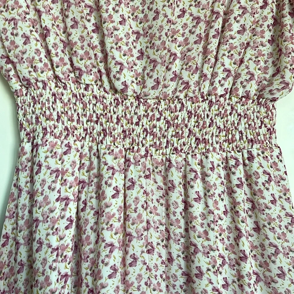 She+Sky pink floral sheer lined ruched waist v-neck boutique dress, Medium - Picture 6 of 8